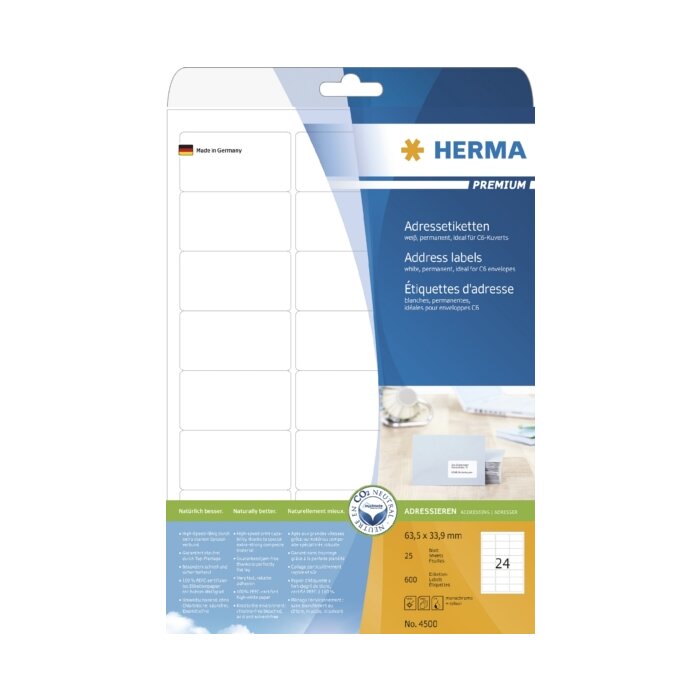 HERMA Etykiety adresowe Premium a4 63,5x33,9 mm papier bialy mat 600 szt.