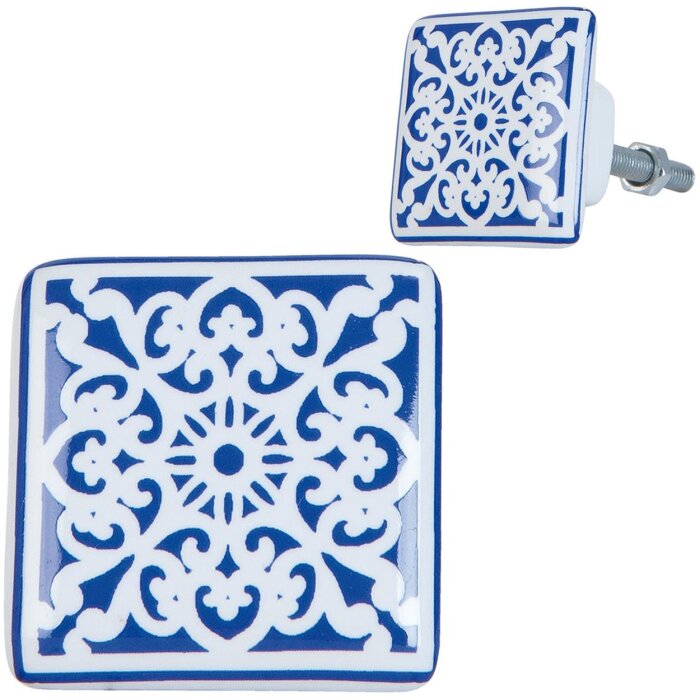 Clayre & Eef 63415 Gałka do drzwi 3x2x3 cm Blue White Ceramic Square