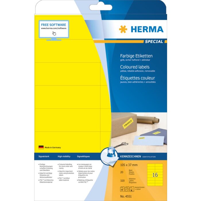 Herma specjalne kolorowe etykiety a4, 105 x 37 mm, zólty papier usuwalny matowy