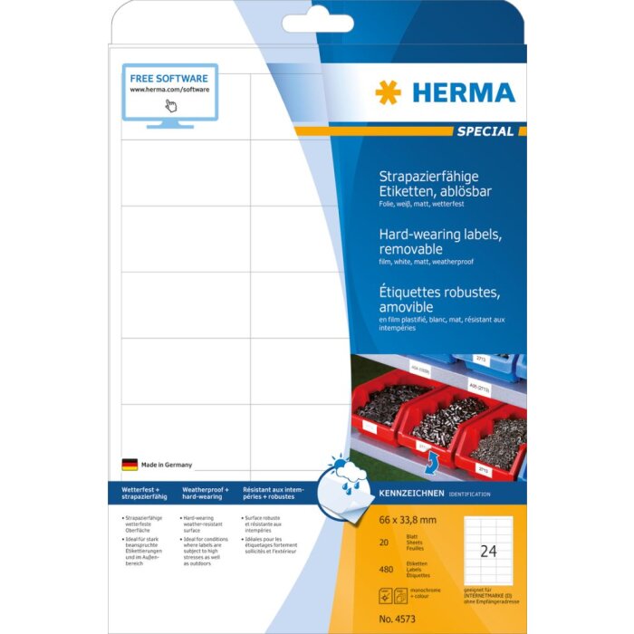 Herma specjalne etykiety foliowe odporne na warunki atmosferyczne a4, 66,0 x 33,8 mm, biale, bardzo mocna przyczepnosc, usuwalne