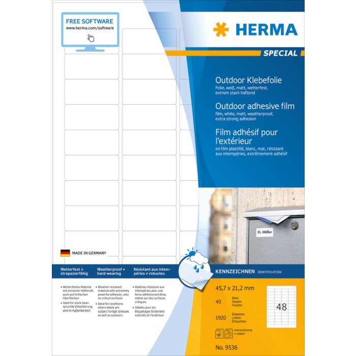 Herma specjalne etykiety foliowe zewnetrzne odporne na warunki atmosferyczne a4, 45,7 x 21,2 mm, biale, niezwykle mocny klej, rozciagliwe