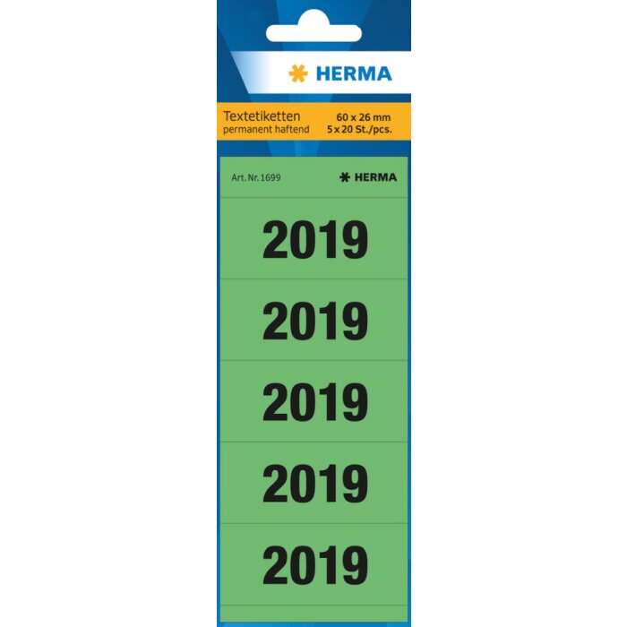 Herma numery roku 2019 do folderów, 60 x 26 mm, zielony, klej permanentny