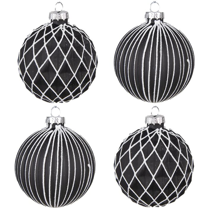 Clayre & Eef 6GL4133 Christmas Tree Ball Ø 8x8 cm (zestaw 4) Black - White