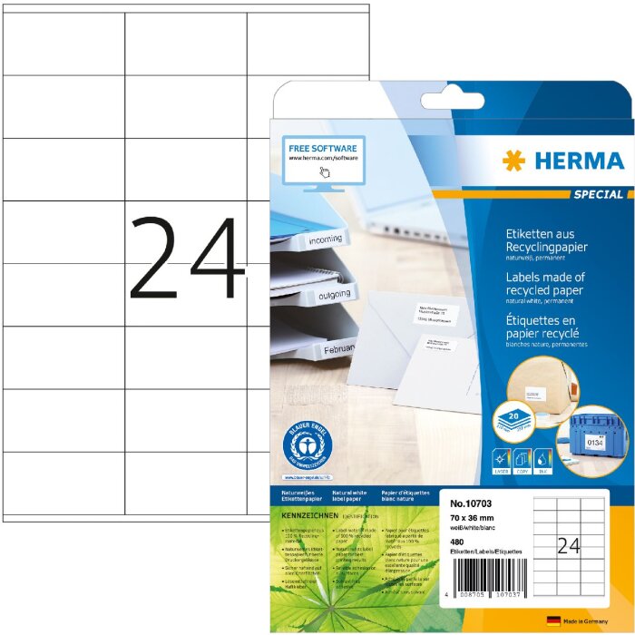 HERMA 10703 Etykiety z papieru makulaturowego A4 70x36mm białe trwałe