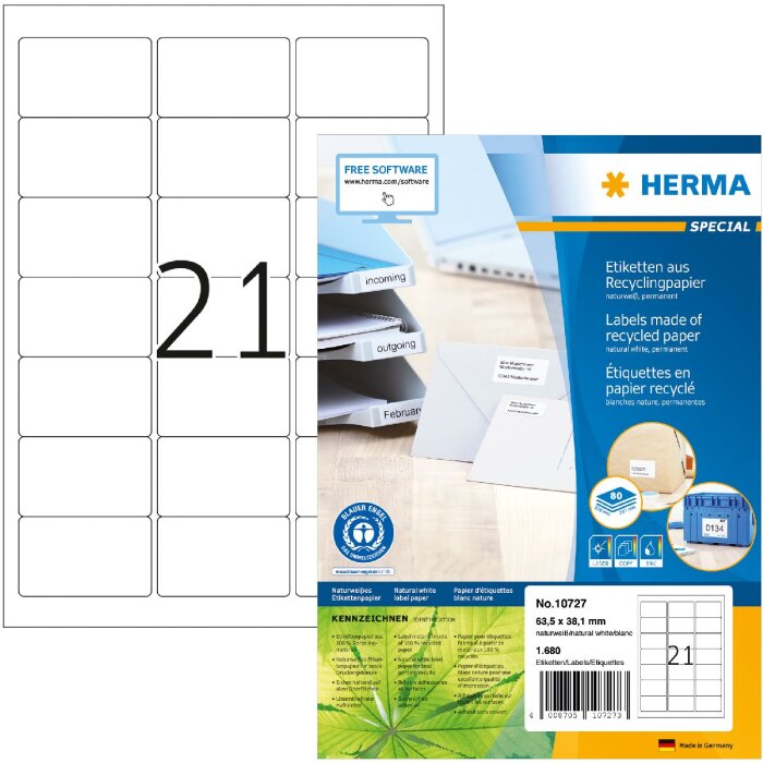 HERMA 10727 Etykiety papierowe z makulatury A4 63,5x38,1 mm białe, klej permanentny