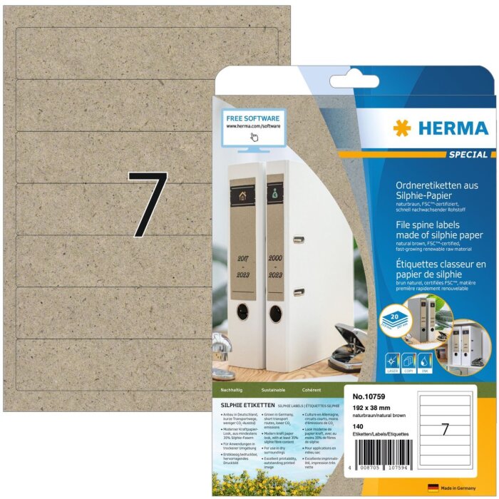 HERMA 10759 Etykiety do folderów A4 192x38mm naturalny brązowy papier Silphie 20 arkuszy