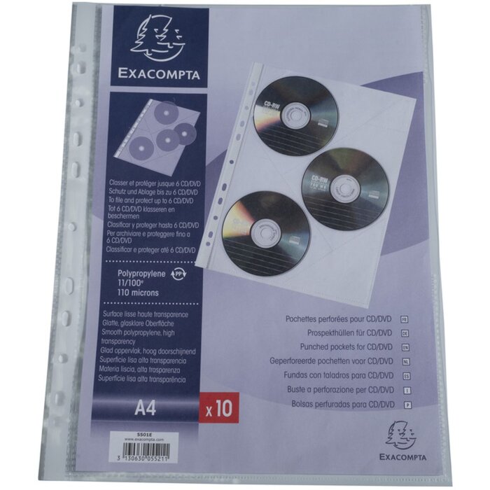 Opakowanie 10 torebek ochronnych, perforowanych, z gładkiego, wysokiej jakości PP 110?, 3 przegrody na CD-DVD, dla formatu DIN A4