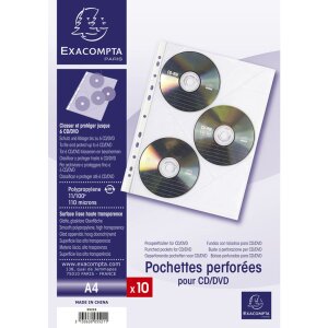 Opakowanie 10 torebek ochronnych, perforowanych, z gładkiego, wysokiej jakości PP 110?, 3 przegrody na CD-DVD, dla formatu DIN A4