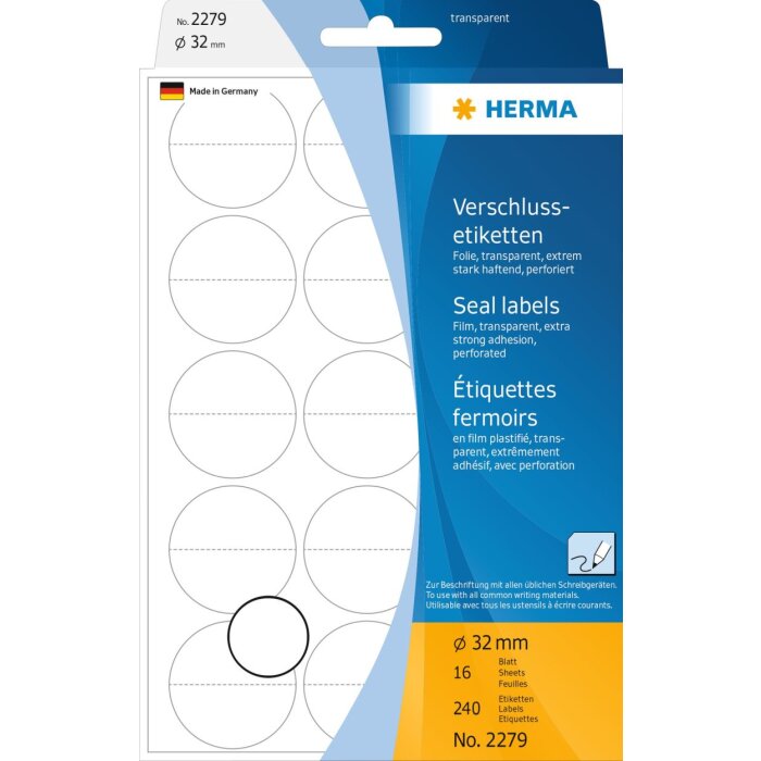HERMA Etykiety zamykajace perforowane ø 32 mm okragle przezroczyste niezwykle mocna folia samoprzylepna matowa 240 szt.