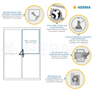 HERMA Etykiety adresowe a4 biale 99,1x139 mm papier repozycjonowalny matowy kryjacy 400 szt.